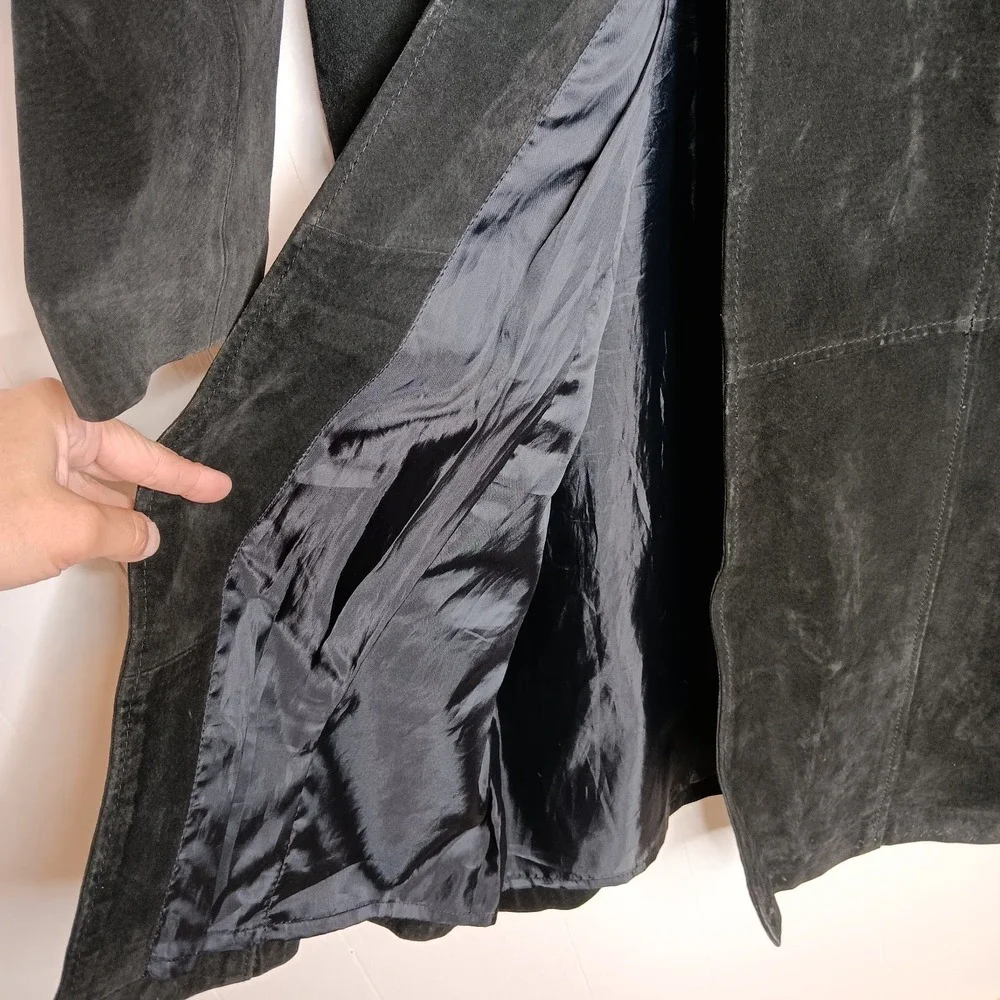 Vtg Y2K Blue Asphalt Trench Coat S Black Suede Whimsigoth Gritty Retro Edge